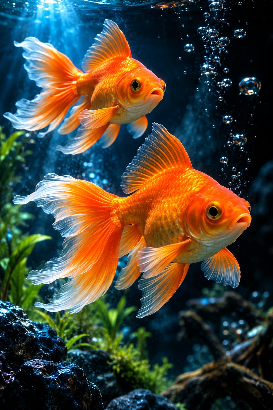 Goldfish swimming in a bright blue aquarium
