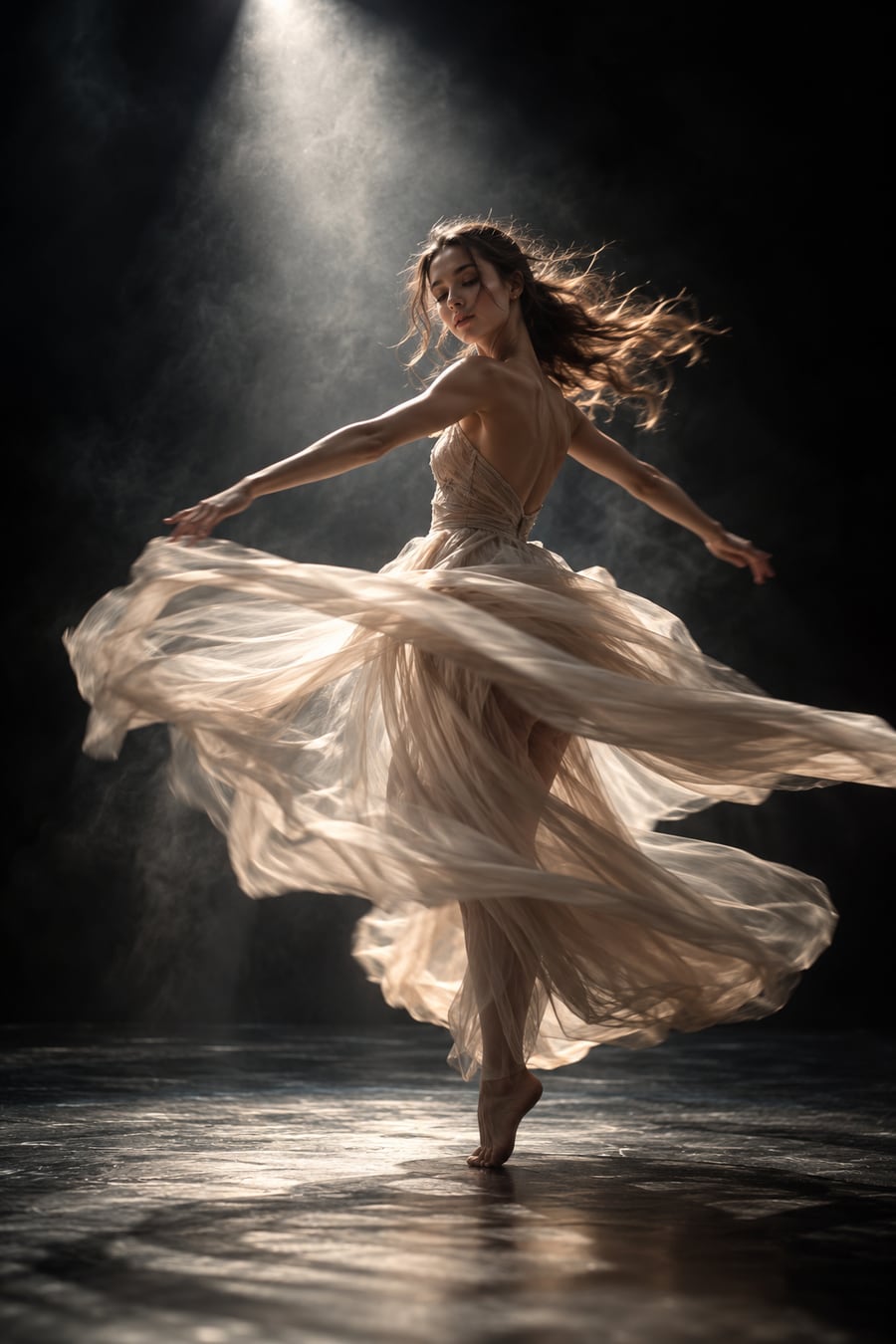 Dancer mid-spin under a single spotlight