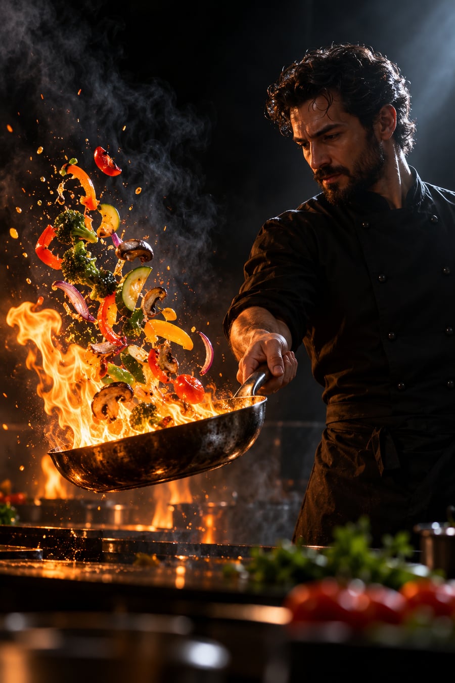 Chef tossing vegetables in a flaming pan