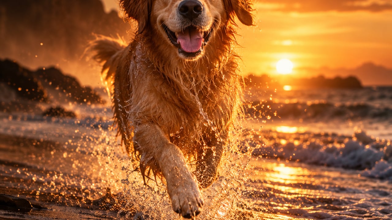 A happy dog running along a beach at sunset