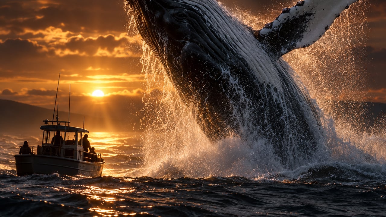A humpback whale breaching beside a small boat at dusk