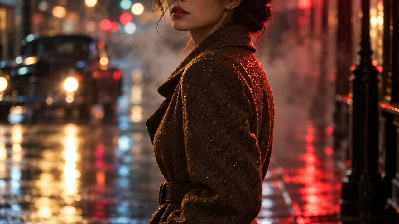 A portrait standing in a rainy neon-lit street